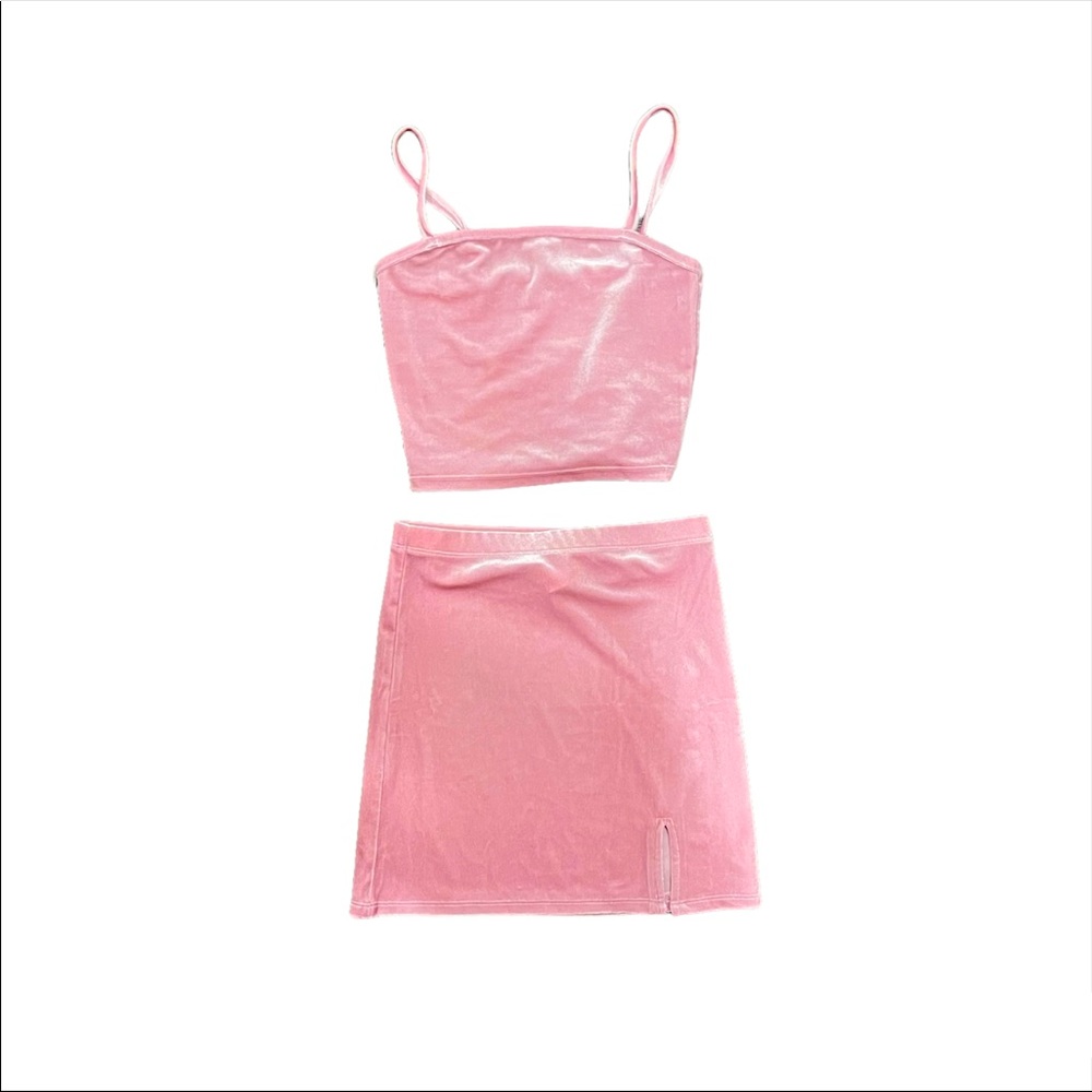 pink velvet tank and skirt set
